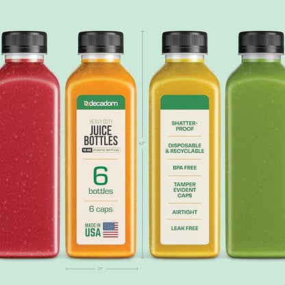 DECADORN 12 oz Plastic Juice Bottles With Caps - 6 Pack MADE IN USA Juicing Bottles Reusable - Juice Container For Fridge - Shatterproof, BPA-Free, Leak proof, Disposable & Recyclable - size: 12 oz 6 Pack