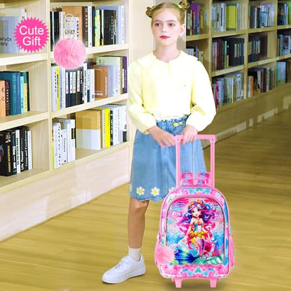 WZLVO 4PCS Rolling Backpack for Girls, Kids Mermaid Roller Backpacks with Wheels for Kids, Wheeled Bookbag Set for Toddler Elementary School - color: Mermaid Pink