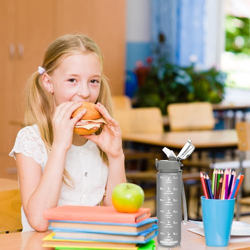 OLDLEY Kids Water Bottle for School, 17 oz (2 lids) BPA-Free Reusable Leak-proof Durable Tritan Plastic Water Bottles with Straw & Chug Lids, Anti-dust Spout Cover (Grey) - color: Grey, size: 16.9 Ounces