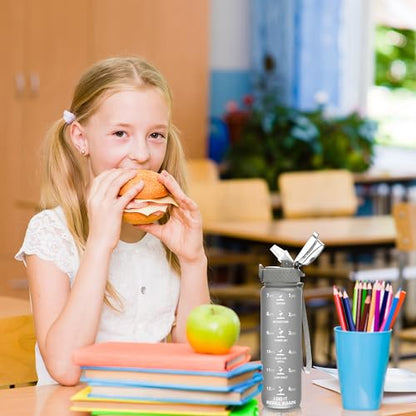 OLDLEY Kids Water Bottle for School, 17 oz (2 lids) BPA-Free Reusable Leak-proof Durable Tritan Plastic Water Bottles with Straw & Chug Lids, Anti-dust Spout Cover (Grey) - color: Grey, size: 16.9 Ounces