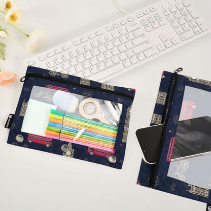 Pencil Pouch for 3 Ring Binder London City Theme Binder Pencil Case with Smooth Zipper Clear Window Pencil Case 2 Pack for Office School College Supplies - color: London City Theme