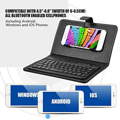 Portable Bluetooth Keyboard with Leather Case Cover with for 4.5''-6.8'' iOS, Android and Windows Smart Phones, Detachable with Kickstand - color: Black