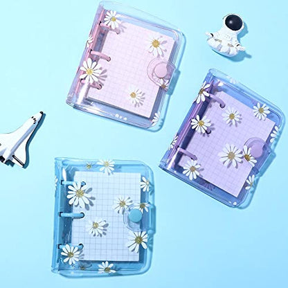 Leadigol 4PCS Mini Transparent 3 Ring Binder Covers with Inner Paper, Daisy Pattern, Soft PVC Notebook Loose Leaf Binder