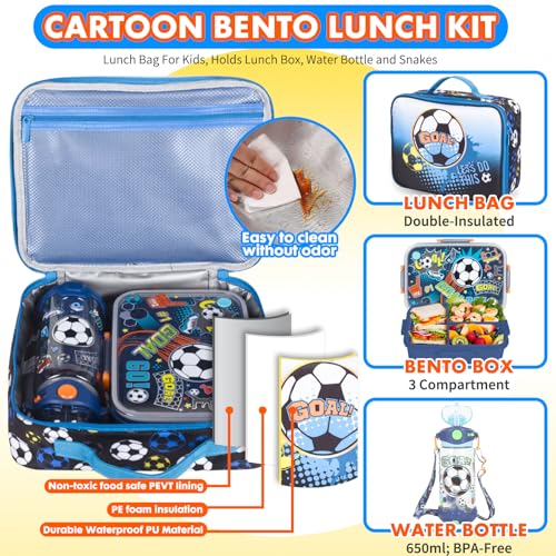 Kids Bento Lunch Box Set with 1200ml Leak-Proof Lunch Containers with 3 Compartments, 22oz BPA-Free Water Bottle, Insulated Lunch Bag for Back to School Kids Girls Boys - color: Soccer
