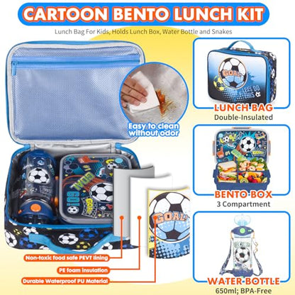 Kids Bento Lunch Box Set with 1200ml Leak-Proof Lunch Containers with 3 Compartments, 22oz BPA-Free Water Bottle, Insulated Lunch Bag for Back to School Kids Girls Boys - color: Soccer