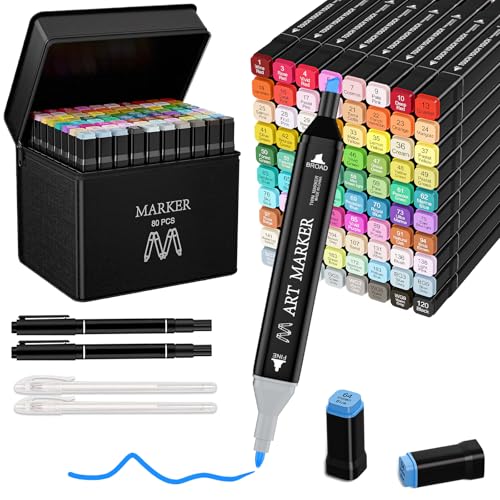 Alcohol Markers, 80 Colors Dual Tip Art Markers Set for Adult Coloring, Sketching Drawing Permanent Coloring Marker, Alcohol Based Marker Artist Pens With Carry Case (80)
