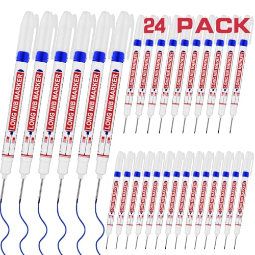 24 PCS Long Head Deep Hole Marker Pens,20mm Long Nib Marker,Longs Nose Markers,Waterproof Construction Markers Marking Tool,Permanent Markers Carpenter Ink marker Pens,Metal marking Pens,Blue - color: 24PCS-20MM Blue