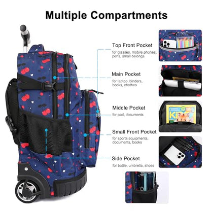 Tilami Rolling Backpack, 18 inch Shoulder Drop, Concealed Pockets and Wheel Cover, Laptop Backpack for Boys and Girls, Cherry Blue - color: Cherry Blue