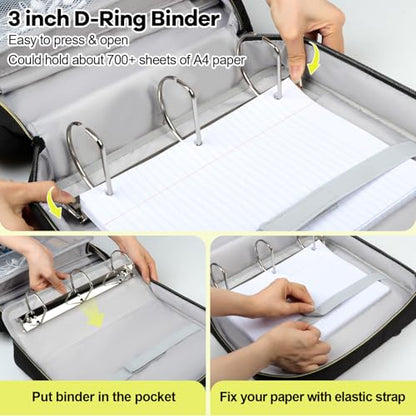 Covkev 3 Inch D-ring Zipper Binder Bag with Detachable Pen Case& Water Bottle Storage, Removable Binder with Zipper Case Hold 700+ Sheets& 13 Inch Laptop for School Office Supplies Organizer (Black)