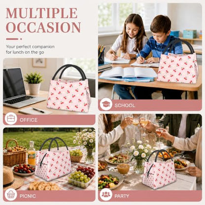 Lunch Box for Women,Cute Cherry Insulated Lunch Bag,Flowers Pink Leakproof Thermal Insulation Cooler Tote Bags for Teacher Nurse Kids School Work Picnic - color: Cute Cherry