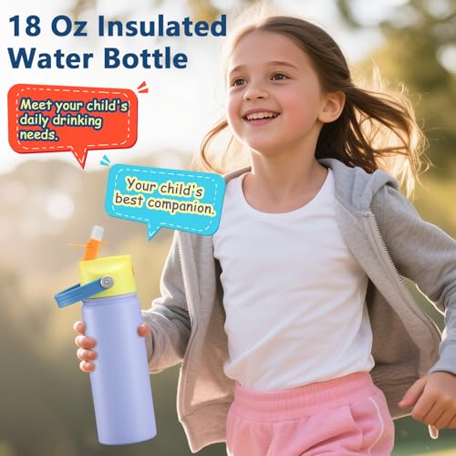 18 OZ Water Bottle for Kids, Stainless Steel Double Insulated Sports Water Bottle, Leak Proof Straw Cup for School, Gifts and Travel, BPA Free (Light Purple)