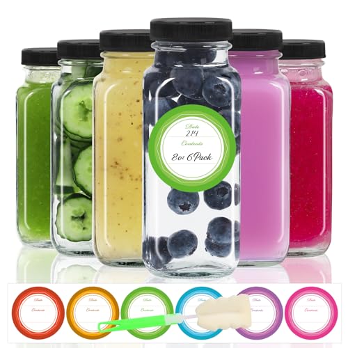 STARSIDE 8oz 6-Pack Glass Juice Bottles with Leak-proof Lids | Square Reusable Drinking Jars for Juicing, Milk, Kombucha - Includes 1 Bottle Brush, 6 Colored Labels - size: 8oz-6pcs
