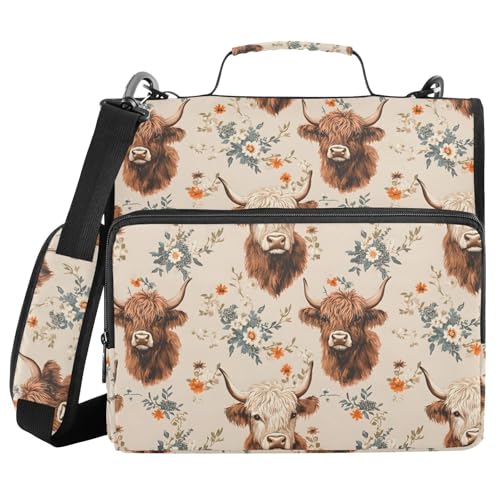 ALAZA Zipper Binder 3 Ring Highland Cows Cattle Retro Flowers Binder Organizer with Zipper and Shoulder Strap Large Capacity Multi-Pocket Trapper Keeper File Folder for Office Supplies - color: Multicolored 16