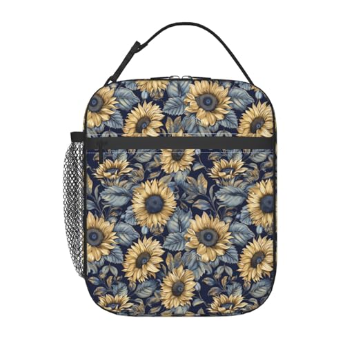 Sunflower Lunch Box for Kids Aldults, Vintage Floral Reusable Thermal Insulation Cooler Tote Bags, Navy Blue Bloom Botanical Insulated Bag for Student, School Picnic Camping Travel, Gifts - color: Sunflower02