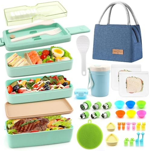 35Pcs Japanese Bento Box for Adults&Kids Lunch Box Kit Leakproof Wheat Straw Eco-Friendly 3 Compartment Stackable Lunch Box with Containers for Teen Prepy Boy (Green) - color: Green, size: 35Pcs