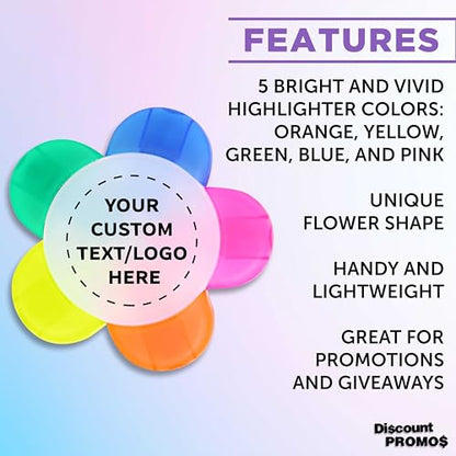 DISCOUNT PROMOS Custom Highlighters Set of 10/50/100, Personalized Bulk Pack Durable Chisel Tip Textbook Highlighters Handy and Easy to Store - Flower - color: White - Flower