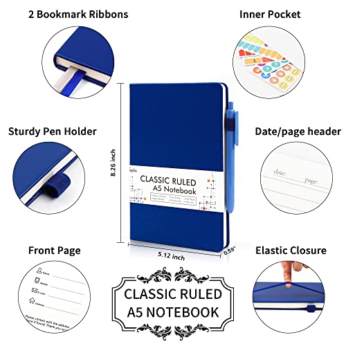 12 Pack Notebooks Journals Bulk with 12 Black Pens, Feela A5 Hardcover Notebook Classic Ruled Journal Set with Pen Holder for School Business Work Travel Writing, 120 GSM, 5.1”x8.3”, Navy - color: 12 Pack navy