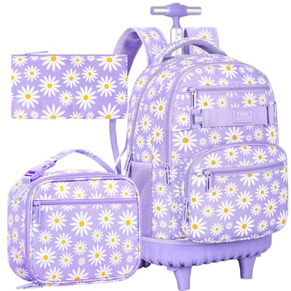 AGSDON Rolling Backpack for Girls, Women Roller Wheels Bookbag, Laptop Daisy Wheeled School Bag with Wheels for Teens - color: Daisy Purple