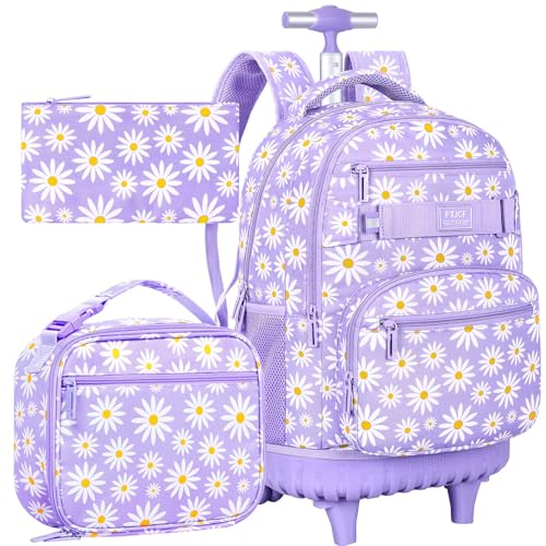 AGSDON Rolling Backpack for Girls, Women Roller Wheels Bookbag, Laptop Daisy Wheeled School Bag with Wheels for Teens - color: Daisy Purple