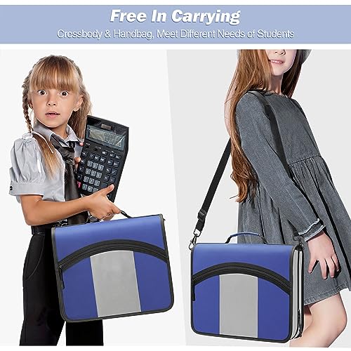 MoKo Zipper Binder with Strap, 3 Inch 3 O Ring, 600 Sheets, Blue & Gray | Water-repellent nylon with 2 folders, 2 mesh pockets and a outer pockets, reinforced handle and adjustable shoulder strap. - color: Blue