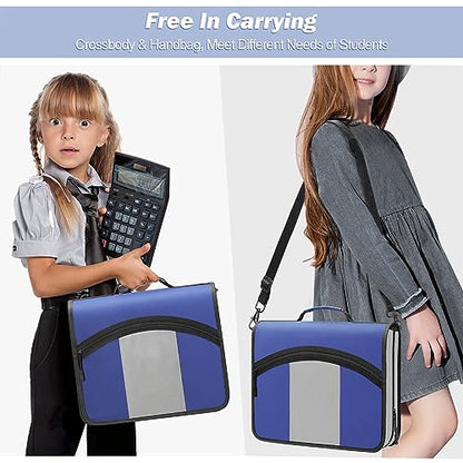 MoKo Zipper Binder with Strap, 3 Inch 3 O Ring, 600 Sheets, Blue & Gray | Water-repellent nylon with 2 folders, 2 mesh pockets and a outer pockets, reinforced handle and adjustable shoulder strap. - color: Blue
