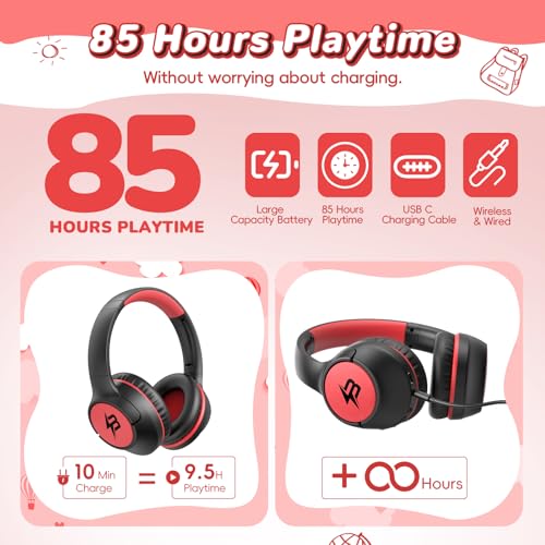 Kids Bluetooth Headphones with 85H Playtime Without LED, Safe Volume 85/94dB Wireless Headphones for Kids, Bluetooth 5.4 Over-Ear Toddler Headset for Boys Tablet/Airplane/ School (Atrous & Red No LED) - color: Atrous & Red