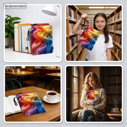 Padded Book Sleeve with Zipper & Front Pocket, Fabric Book Cover | Rainbow Liquid Wave Fluid11.4"x8.7" Washable Canvas Pouch for Hardcovers, Tablets & Reading Accessories - color: Rainbow Liquid Wave Fluid
