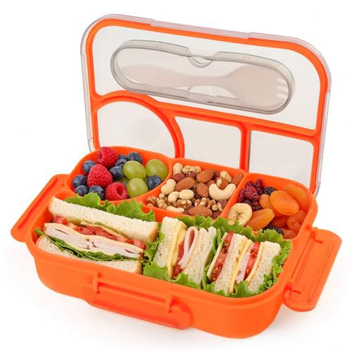 Bento Box for Adults,4 Compartments Lunch Box, Snack Containers Reusable Lunch Containers Drop-Proof, Dishwasher Safe & Made with BPA-Free Materials, Orange - color: Orange