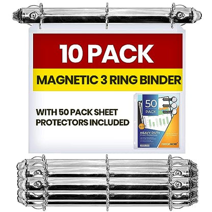 10 Pack Magnetic 3 Ring Binder Locking Mechanism for Hanging, 1 Inch D-Ring Holds 225 Sheets, Heavy Duty for 8.5 x 11 Paper, 50 Sheet Protectors Included, 5S Whiteboard Cabinet - Ring Binder Depot