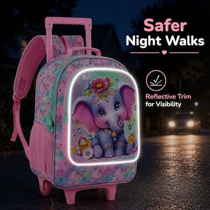 3Pcs Rolling Backpack for Girls, Elephant Roller Bookbag with Lunch Box, Kids School Backpacks with Wheels for Elementary Preschool(Pink) - color: Elephant Pink