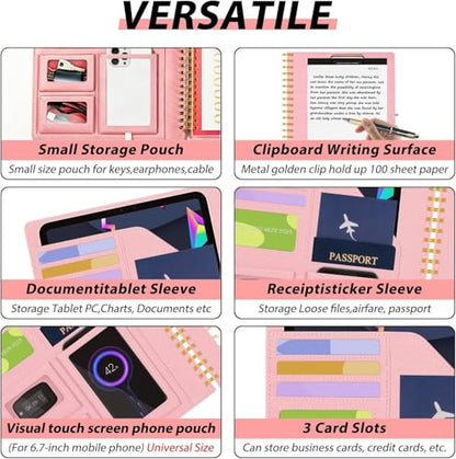 Pink Foldable Spiral Clipboard Folio with Storage Zipper Pouch, 5 Plastic Folders with Pockets,Refillable Lined Notepad (8.5" x 11"), Hardcover Project Organizer with 39 Stickers - color: Pink