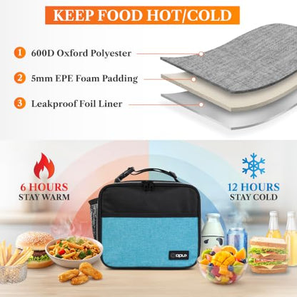 opux Insulated Lunch Bag for Kids, Reusable Lunch Box for School with Leakproof Lining, Compact Soft Cooler Tote for Boys & Girls, Front Pocket, Mesh Side Bottle Holder (Heather Sea Blue) - color: Heather Sea Blue