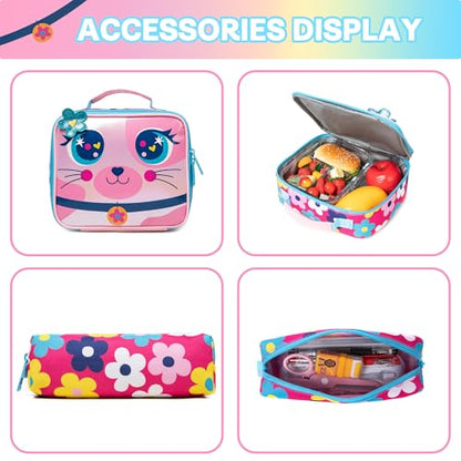 Meetbelify Rolling Backpack for Girls Backpacks with Wheels for Elementary Preschool Students Kids 3 in 1 Travel Luggage Carry on Suitcase with Lunch Box Pencil Case for Girls Age 8-10 - color: Bell Cat