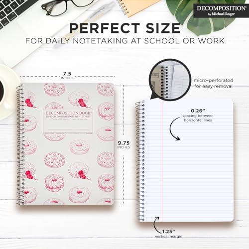 Decomposition Donut Time College Ruled Spiral Notebooks – 9.75 x 7.5 Journal with 160 Lined Pages – Cute Notebooks for School Supplies, Home & Office – 100% Recycled Paper – Made in USA - color: Pink Donut, style: Spiral-bound
