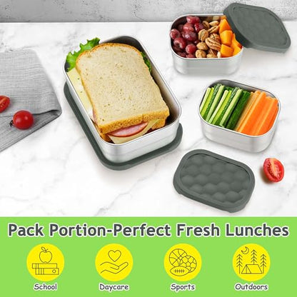 Homikit 3 Pack Kids Lunch Box Set, 18/10 Stainless Steel Bento Boxes with Silicone Lids Leak Proof, 5 Cups Reusable Metal Food Snack Containers for School Daycare, Nontoxic & Dishwasher Safe, Gray - color: Gray, size: Medium
