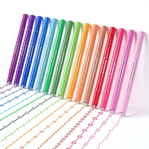 15 Colors Curve Highlighter Pens Set，15 Different Shapes Dual Tip Markers Cool Pens for Journal Planner Scrapbook Art Office School Supplies - color: Pattern Tip + Fine Tip (15 vibrant)