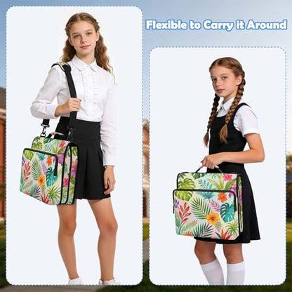 Abstract Tropical Leaves Zipper Binder with 2 Inch D-Rings Expandable File Portfolio with Shoulder Strap, Waterproof Nylon Organizer for 14" Laptop for Work College Travel
