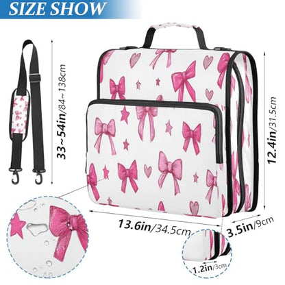 Caikeny 3 Ring Zipper Binder Pink Bows Hearts Stars 1.5 inch Binders Bag Expanding File Pockets with Shoulder Strap and Handle - color: Multicolored 1z83.8