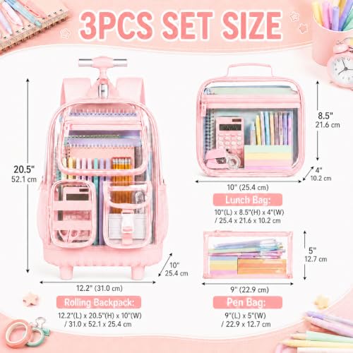 WZLVO 3PCS Clear Backpack Rolling Backpack for Girls, Heavy Duty PVC Transparent Bookbag, See Through School Bags with Wheels for Teens Women Elementary Travel - Pink - color: Pink
