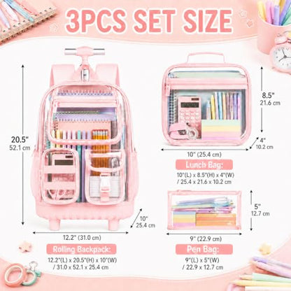 WZLVO 3PCS Clear Backpack Rolling Backpack for Girls, Heavy Duty PVC Transparent Bookbag, See Through School Bags with Wheels for Teens Women Elementary Travel - Pink - color: Pink