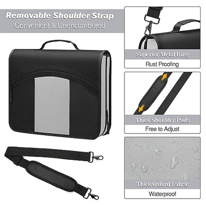 MoKo Zipper Binder with Strap, 3 Inch 3 O Ring, 600 Sheets, Black & Gray | Water-repellent nylon with 2 folders, 2 mesh pockets and a outer pockets, reinforced handle and adjustable shoulder strap. - color: Black