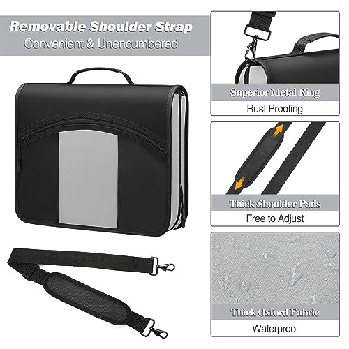 MoKo Zipper Binder with Strap, 3 Inch 3 O Ring, 600 Sheets, Black & Gray | Water-repellent nylon with 2 folders, 2 mesh pockets and a outer pockets, reinforced handle and adjustable shoulder strap. - color: Black