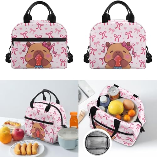 3-in-1 School Backpack for Teens Girls,Capybara Strawberry Kids Backpack with Adjuatable Strap 17 Inch Bookbag Set with Lunch Box and Pencil Case - color: Pink Bows-capybara Strawberry
