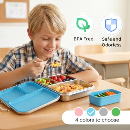 Pawtong Stainless Steel Bento Box for Kids and Adults, 3 Compartment Leakproof Lunch Box with Removable Silicone Seal and Silicone Contianer, Metal Lunch Container for School, Work and Travel (Blue) - color: Blue
