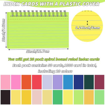 1000 PCS Spiral Index Cards 3 x 5 Inch Flash Card Book with Ring | 20 Colors, Ruled Cards, Heavyweight Paper, Study, Note Taking, School, College, Office, Vocabulary, Revision - size: 3 x 5 inch, style: Spiral Index Cards