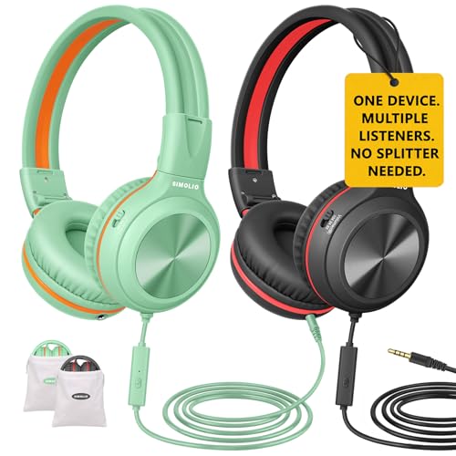 SIMOLIO 2 Pack Wired Headphone w/Share Port & MIC, Cord Headset for School | Manyshare Series, Volume Limit, Foldable w/ Carry Bag for Travel Airplane Tablet, Plug in Headsets for Kids Boys Teens Adults - color: Midnight Black & Green