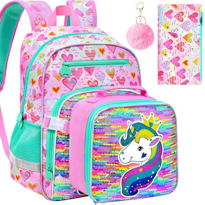 gxtvo 3PCS Girls Backpack, 16" Sequin Prechool Elementary Bookbag and Lunch Box - color: Reversible Sequins Unicorn Clip-on Backpack