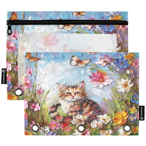 Studying 2 Pack Spring Colors Flowers Butterfly Cat Painting 3 Ring Binder Pencil Pouch Bags,Clear Window Zipper Storage Case for Boys Girls School Office Supplies Cosmetics Organizers - color: Multi-cat