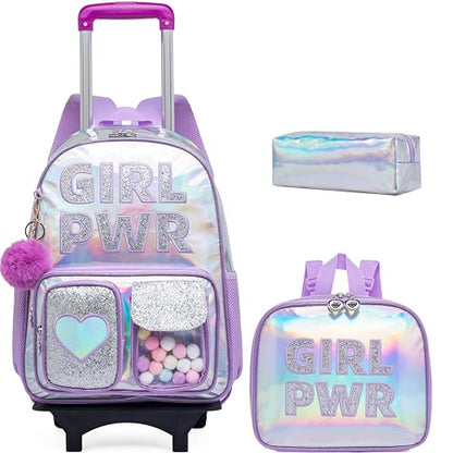 Meetbelify Rolling Backpack for Girls Backpack with Wheels for Elementary Student Kids School Bag with Lunch Box Pencil Case for Girls Ages 6-8 Years Old - color: Prw Purple