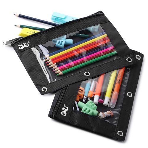 Mr. Pen- Pencil Pouch for 3 Ring Binder, 30 Pack, 10"x6.75", Smooth Zipper | Clear Window, Bulk Large Capacity Pencil Case with 3 Reinforced Grommets for School, Office, Supplies Storage | Clear Window, Bulk Large Capacity Pencil Case with 3 Reinforced Gr